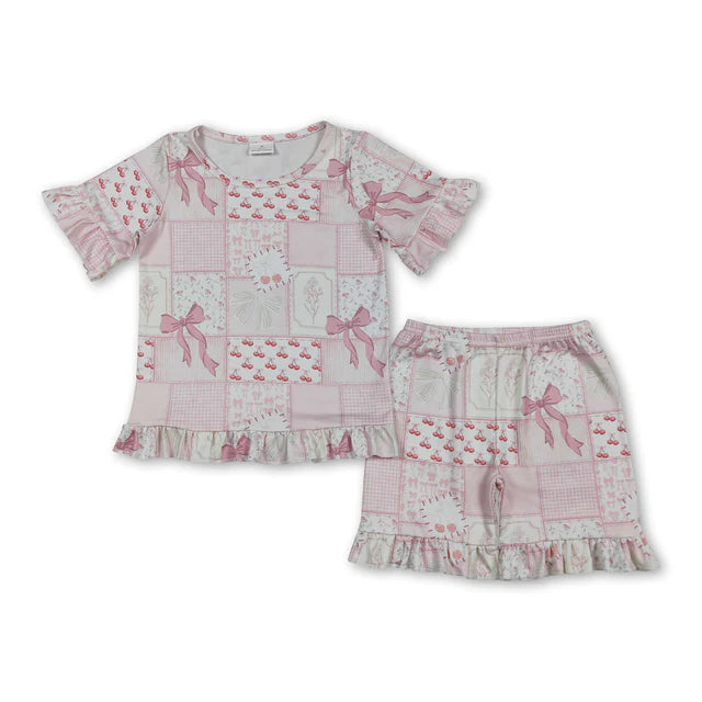 RTS Sibling Baby Girls Colorful Flowers Bows Top Short Pajamas Clothes Sets