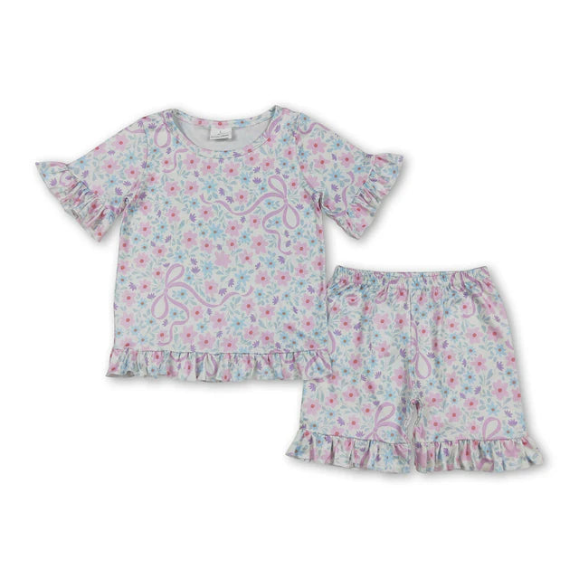 RTS Sibling Baby Girls Colorful Flowers Bows Top Short Pajamas Clothes Sets