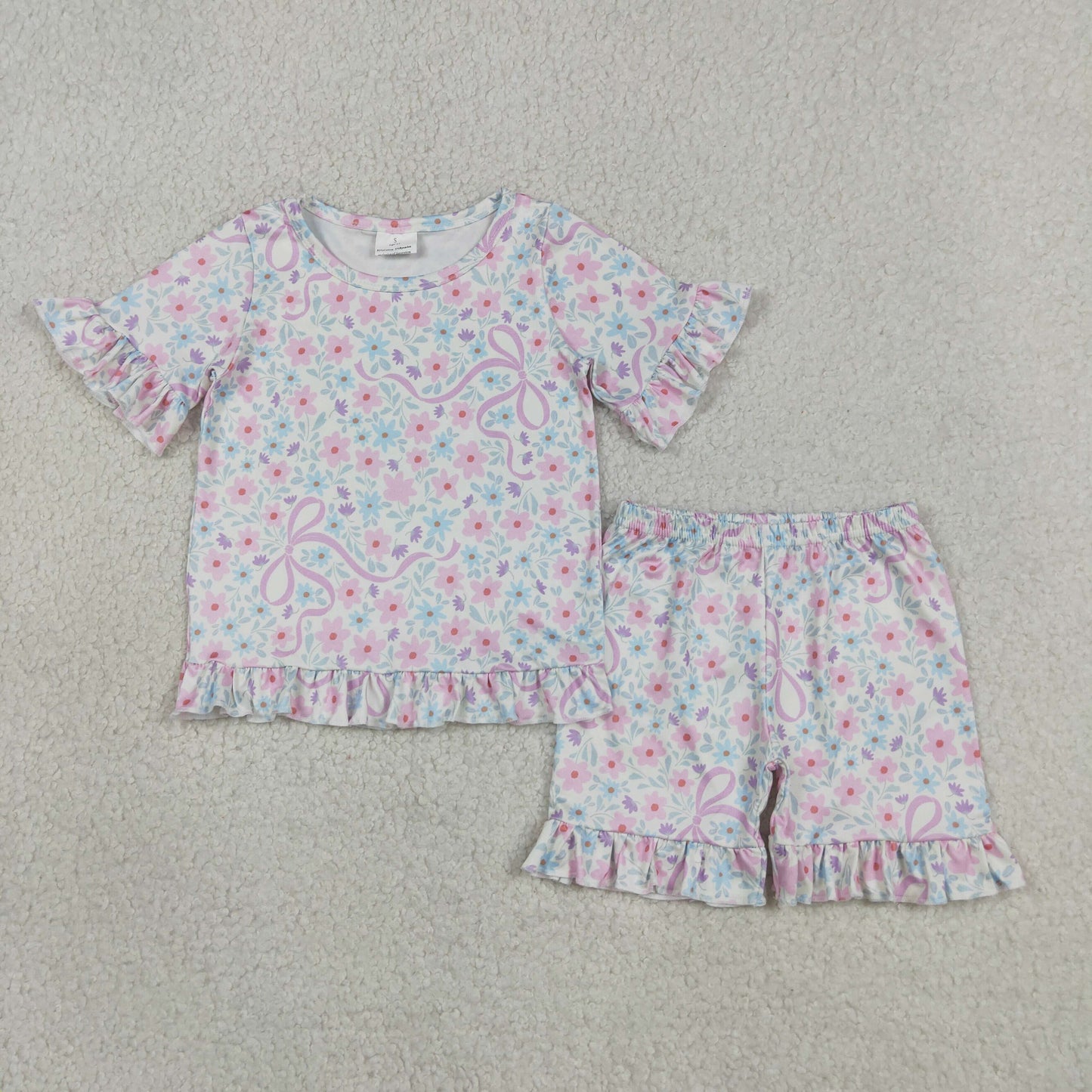 GSSO3322 RTS NO MOQ （In stock ）Short sleeves floral bow ruffle top shorts girls outfits
