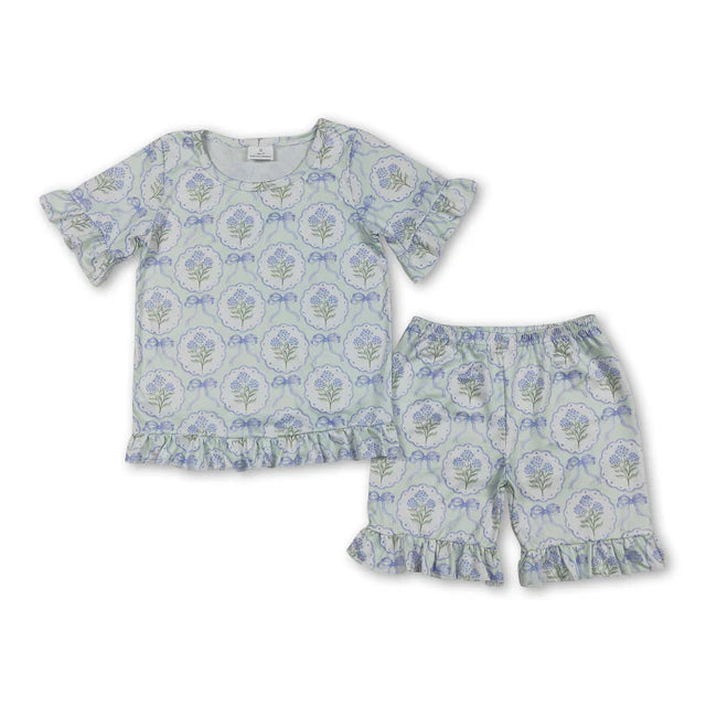 RTS Sibling Baby Girls Colorful Flowers Bows Top Short Pajamas Clothes Sets