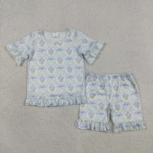 RTS Sibling Short sleeves floral bow ruffle top shorts girls outfits