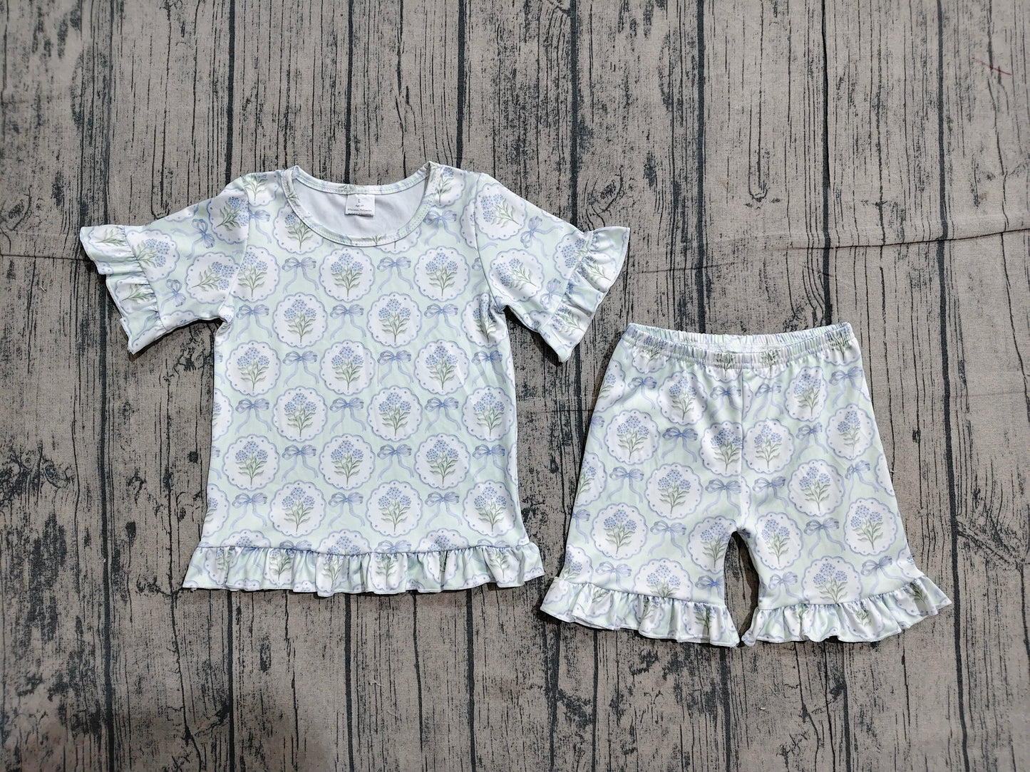 4.1 GSSO3323 Sample No Moq Baby Girls Blue Bows Flowers Top Ruffle Shorts Pajamas Clothes Sets Preorder
