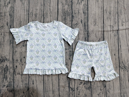 4.1 GSSO3323 Sample No Moq Baby Girls Blue Bows Flowers Top Ruffle Shorts Pajamas Clothes Sets Preorder