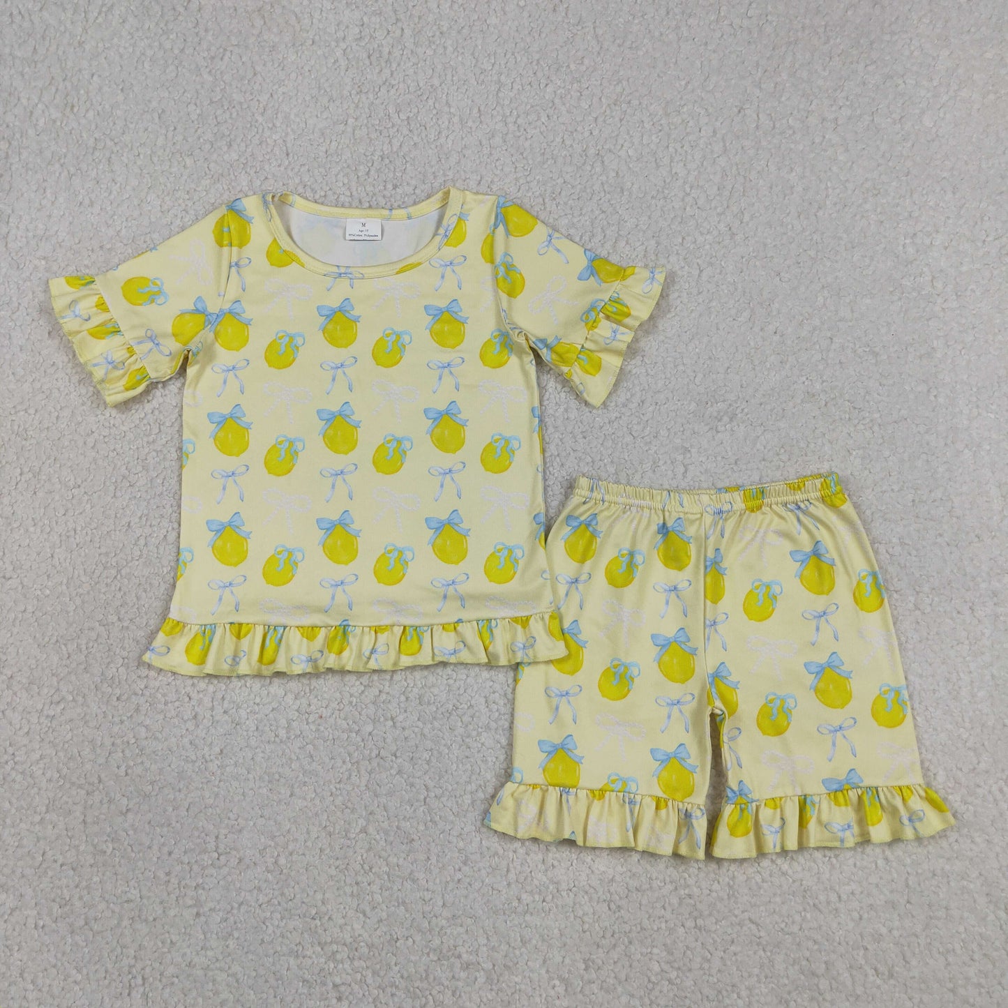 GSSO3326 RTS NO MOQ （In stock ）Short sleeves lemon bow ruffle top shorts girls outfits