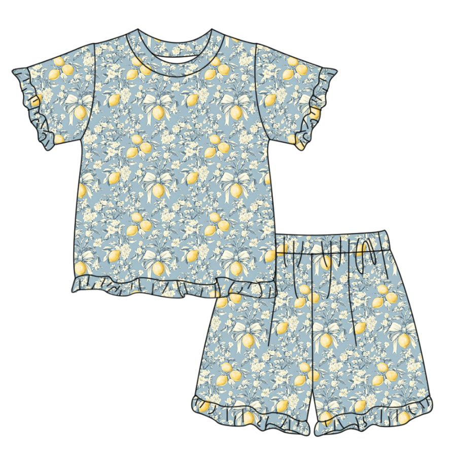 1.31 GSSO3327 Pre order No Moq Baby Girls Bows Lemons Top Ruffle Shorts Pajamas Clothes Sets