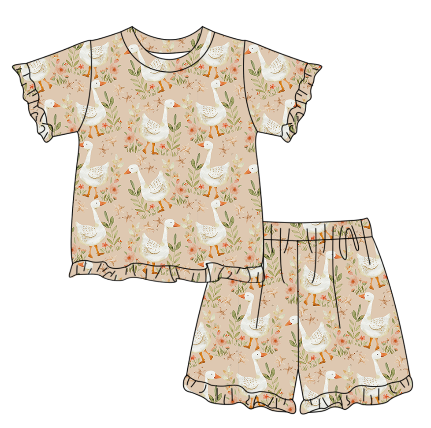 1.31 GSSO3329 Pre order No Moq Baby Girls Flowers Gooses Top Ruffle Shorts Pajamas Clothes Sets