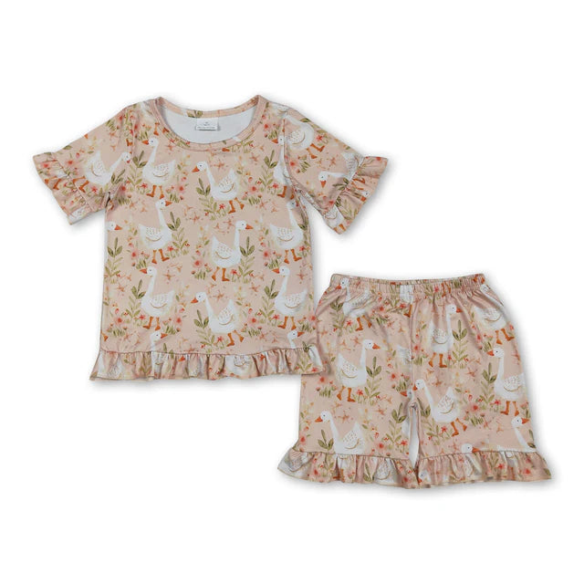 RTS Sibling Baby Girls Colorful Flowers Bows Top Short Pajamas Clothes Sets