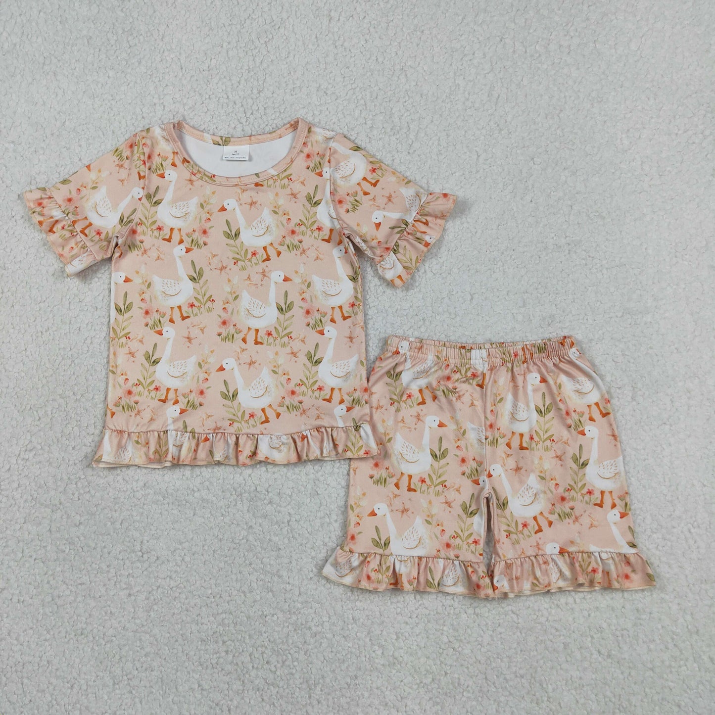 GSSO3329 RTS NO MOQ （In stock ）Ruffle short sleeves goose top shorts girl soutfits