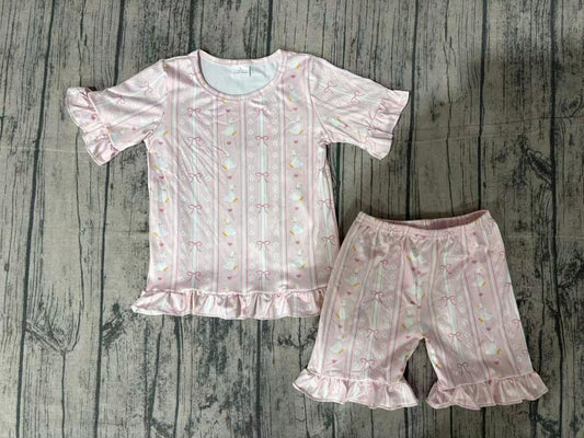 3.3 GSSO3330 Sample No Moq Summer Baby Girls Bow Stripe Top Ruffle Shorts Pajamas Clothes Sets