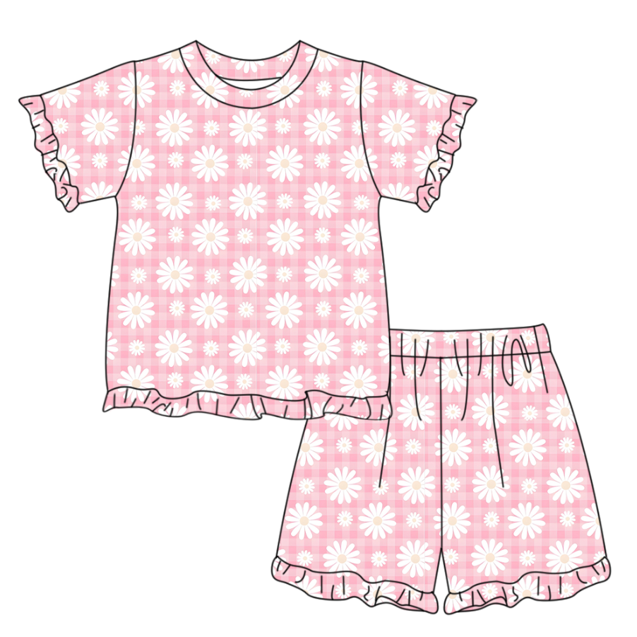 2.2 GSSO3336 Pre order No Moq Baby Girls Short Sleeve Pink Checked Daisy Flowers Top Ruffle Short Clothes Set