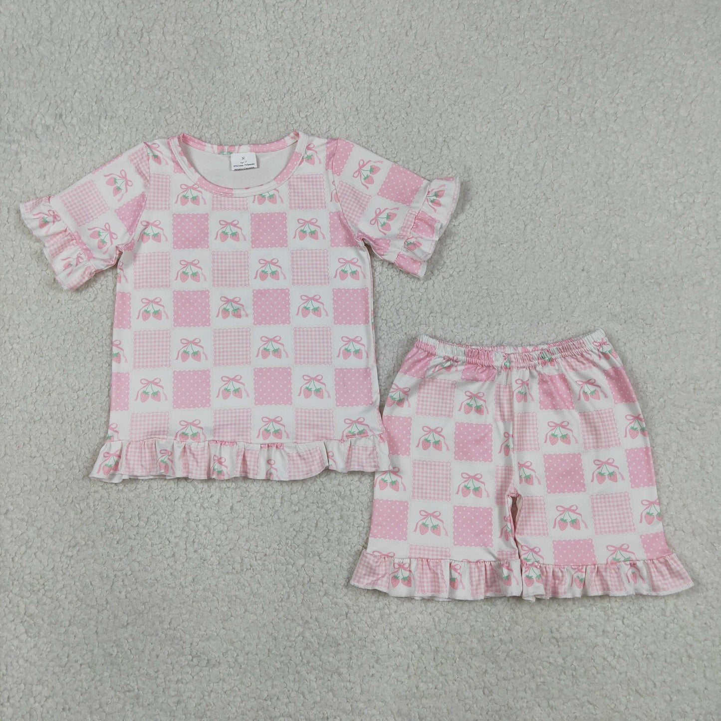 GSSO3342 RTS NO MOQ （In stock ）Short sleeves pink bow strawberry kids girls outfits