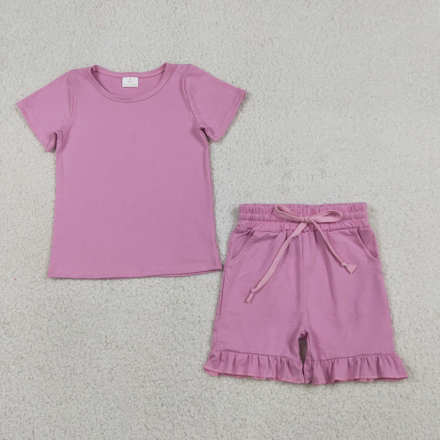 GSSO3348 RTS NO MOQ （In stock ）Short sleeves peach cotton top ruffle shorts girls outfits