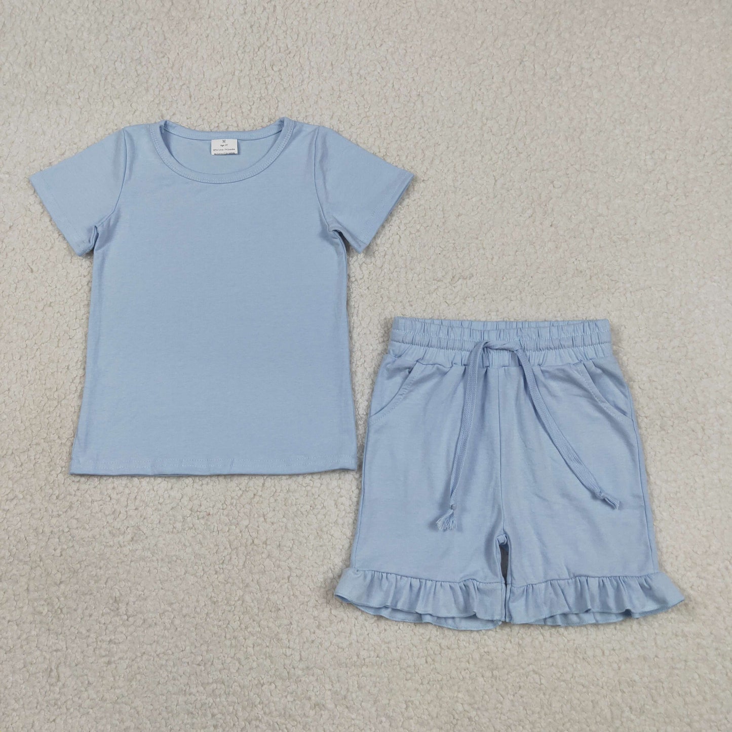 GSSO3349 RTS NO MOQ （In stock ）Short sleeves light blue cotton top ruffle shorts girls outfits）