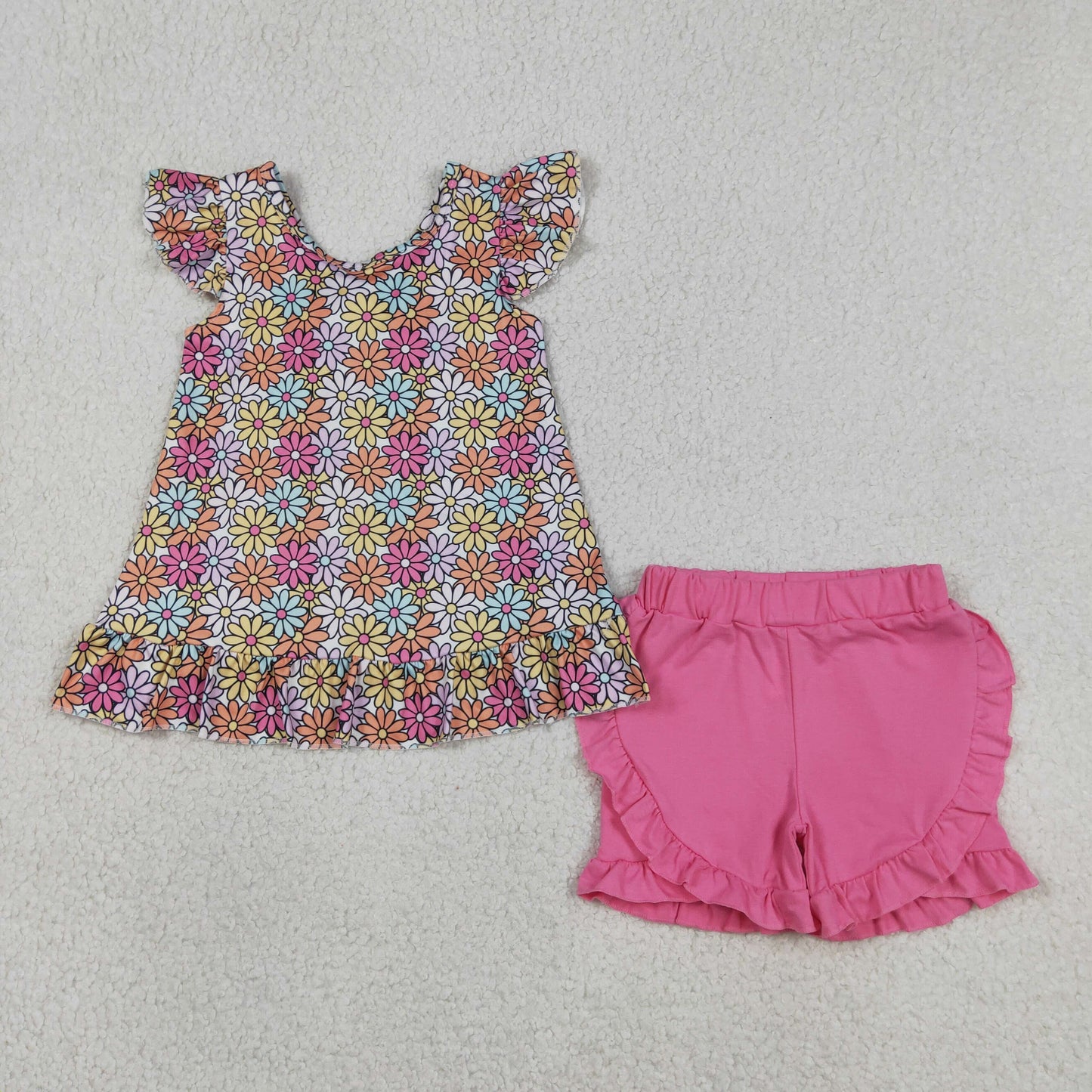 GSSO3353 RTS NO MOQ （In stock ）Floral flutter sleeves top ruffle shorts girls outfits