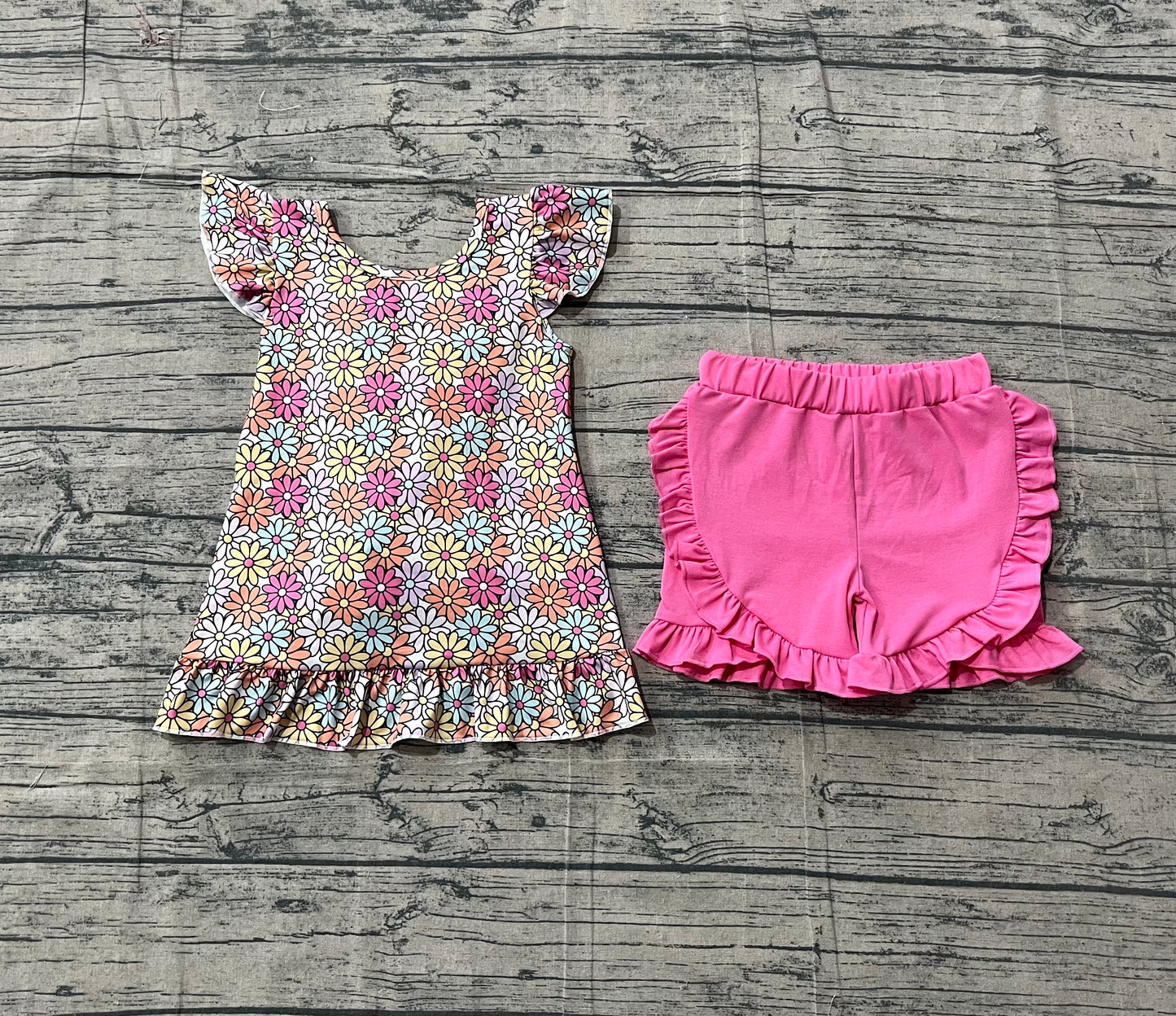 3.14 GSSO3353  Sample No Moq Baby Girls Summer Colorful Flowers Back Bow Tunic Ruffle Shorts Clothes Sets