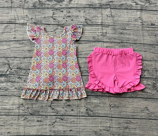 3.14 GSSO3353  Sample No Moq Baby Girls Summer Colorful Flowers Back Bow Tunic Ruffle Shorts Clothes Sets