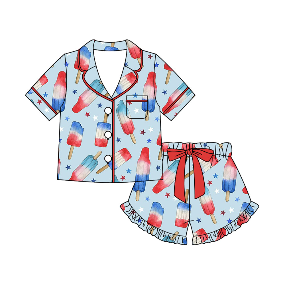 2.4 GSSO3354 Pre order No Moq Baby Girls Stars Popsicle Button Pocket Top Ruffle Shorts 4th of July Clothes Sets