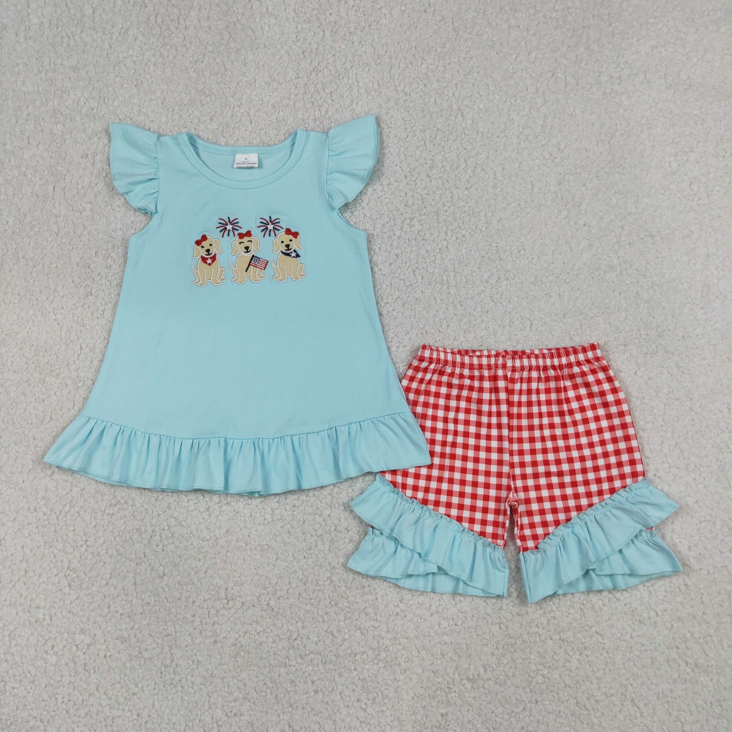 GSSO3356  RTS NO MOQ （In stock）Baby Girls Flag Dogs Tunic Checked Ruffle Shorts 4th of July Clothes