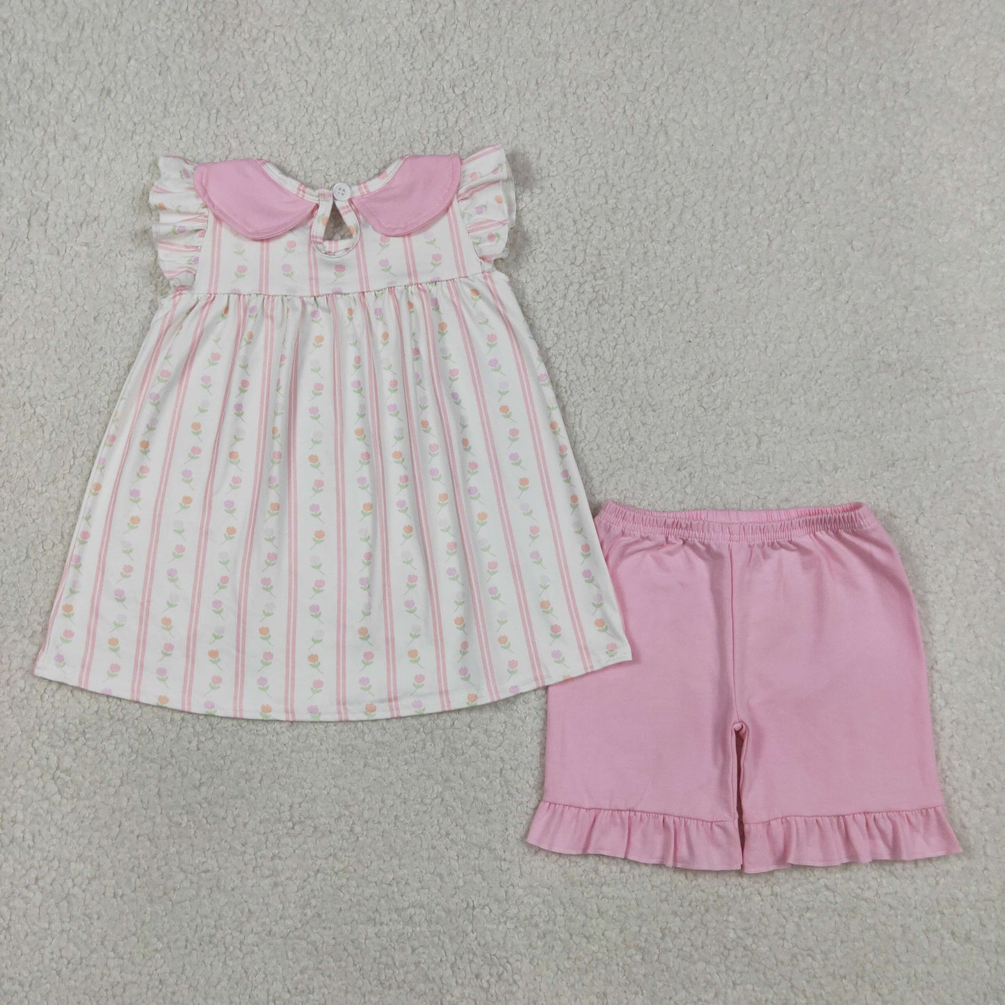 GSSO3363 RTS NO MOQ （In stock ）Flutter sleeves floral tunic pink ruffle shorts girls outfits
