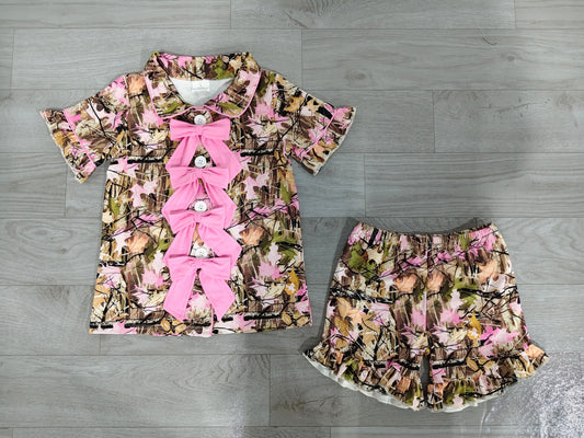 GSSO3364 Sample No Moq Baby Girls Southern Leaves Camo Button Top Ruffle Shorts Hunting Pajamas Sets