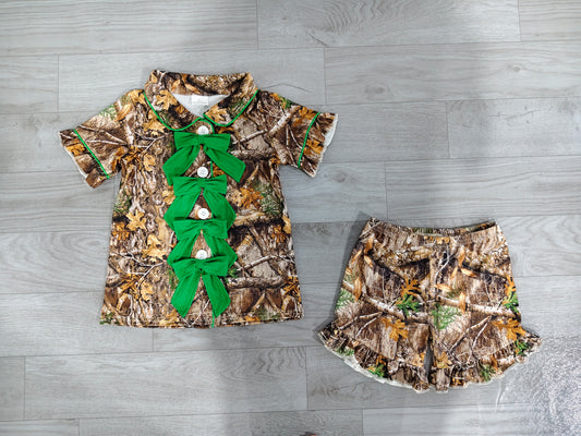 GSSO3365 Sample No Moq Baby Girls Southern Leaves Camo Button Top Ruffle Shorts Hunting Pajamas Sets