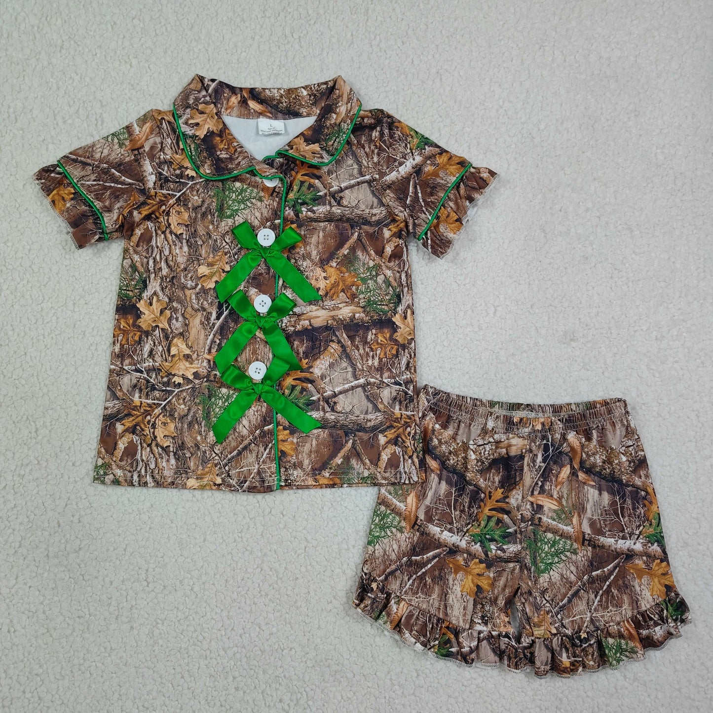 RTS Sibling Short sleeves bow camo girls button down pajamas set