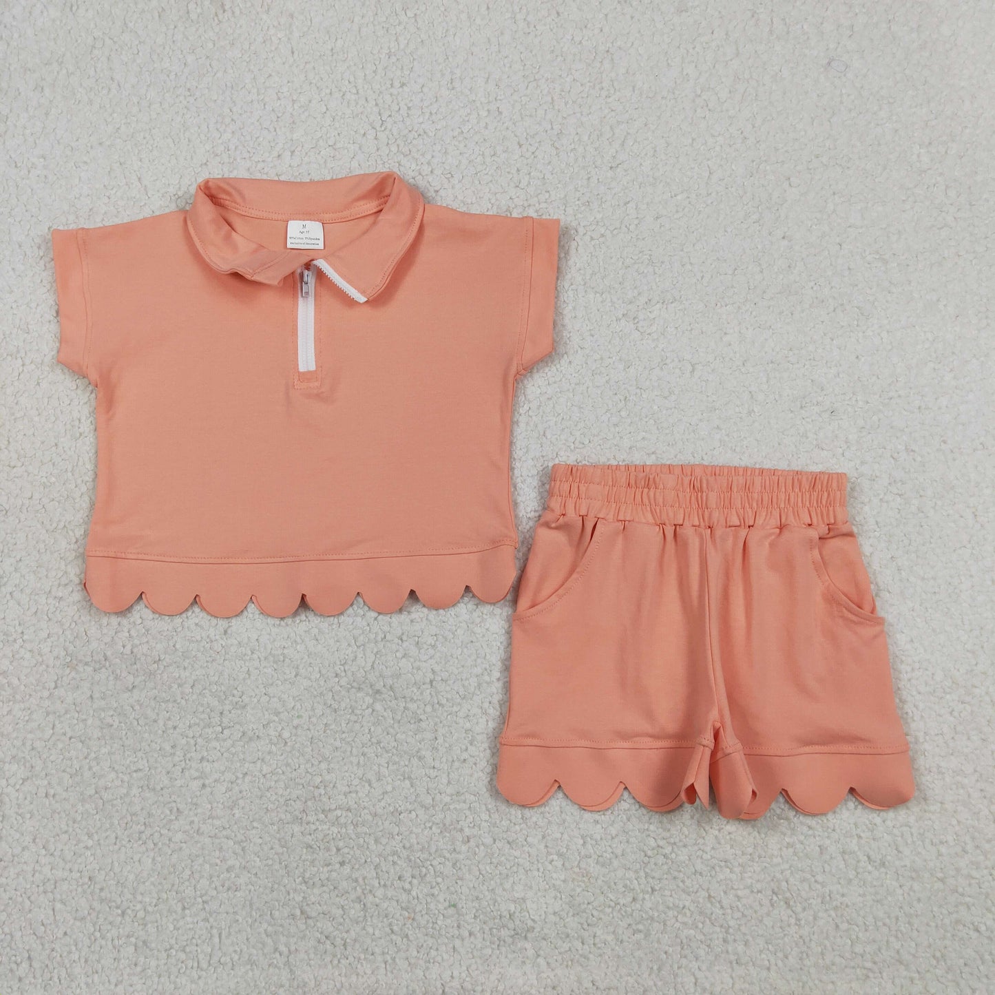 GSSO3374  RTS NO MOQ （In stock）Baby Girls Summer Fashion Short Sleeve Peach Zipper Scallop Pullover Top Pockets Short Checked Set