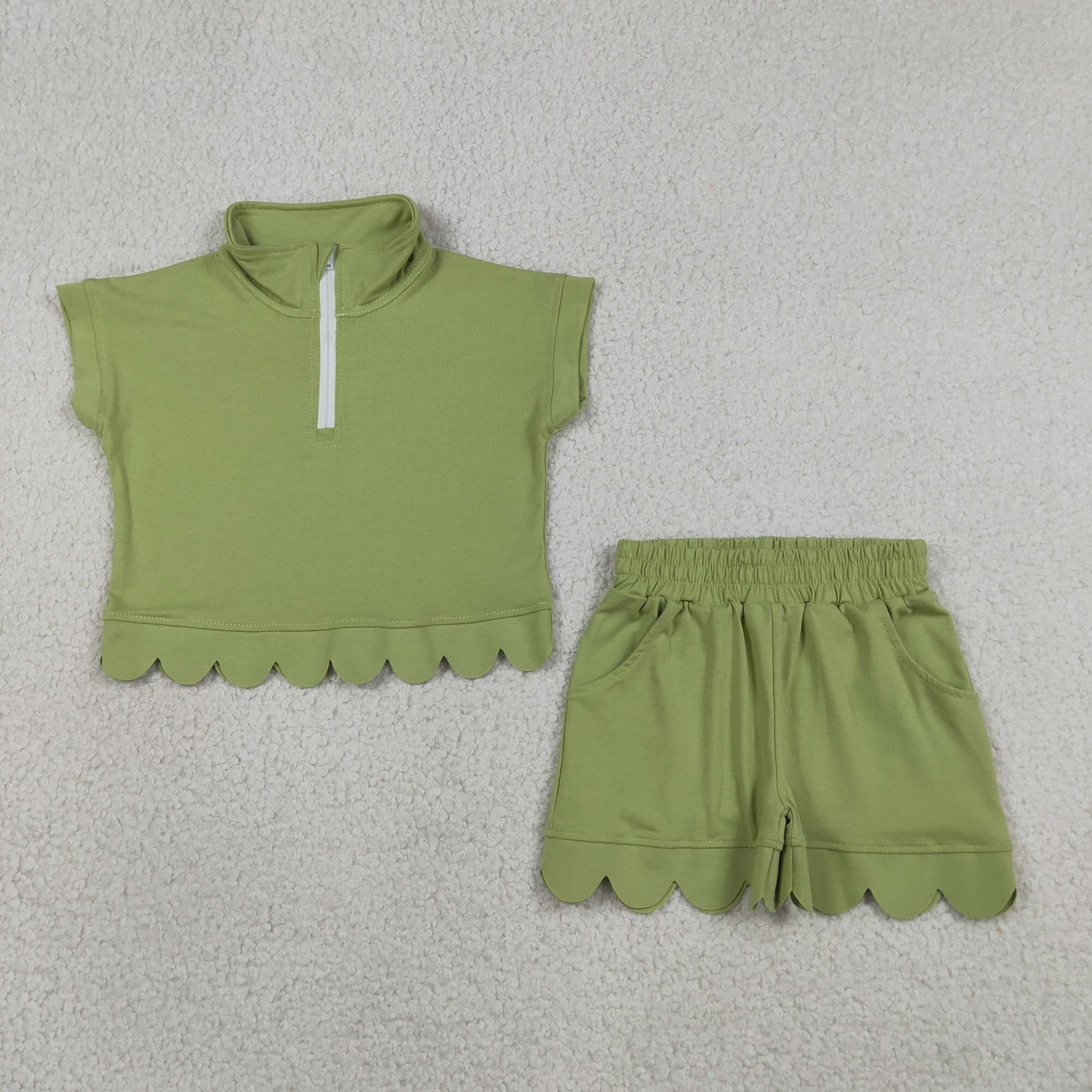 GSSO3375 RTS NO MOQ （In stock ）Green scallop pullover shorts girls summer outfits