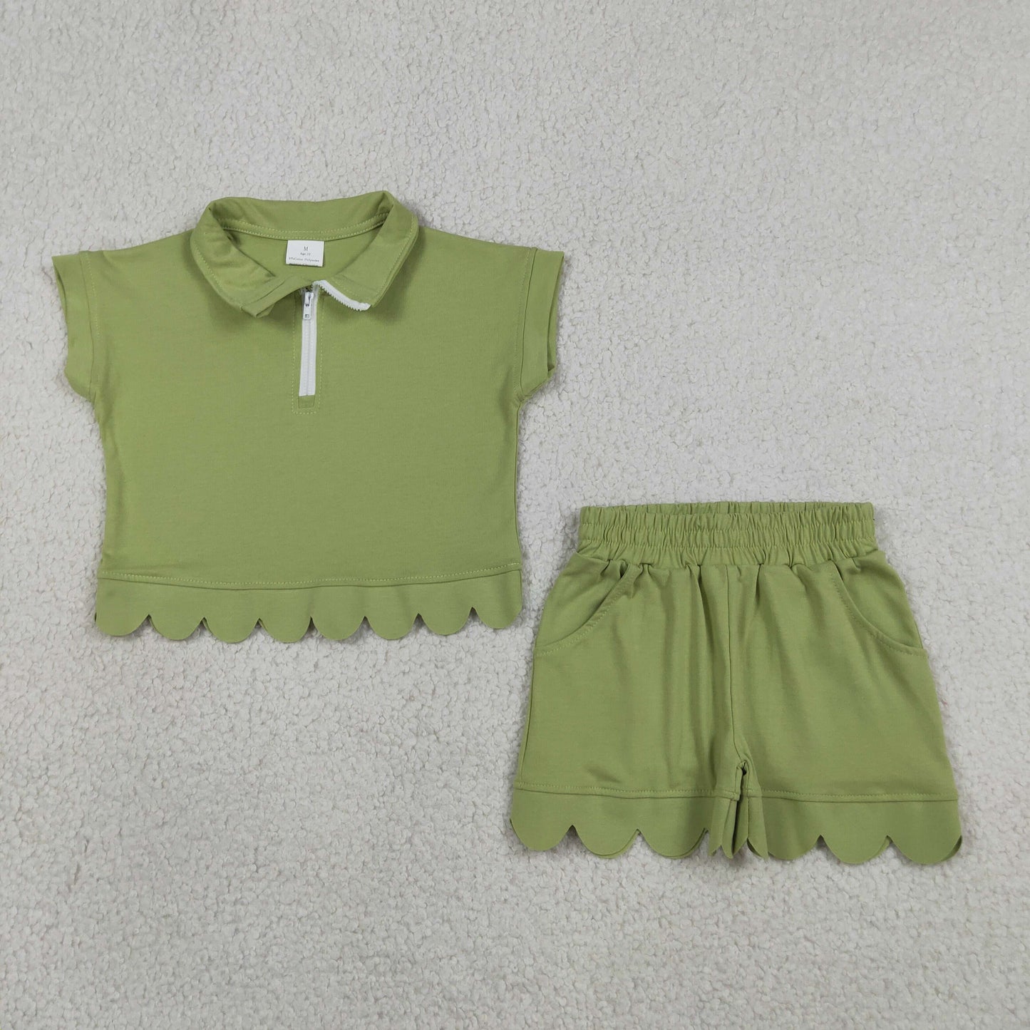 GSSO3375 RTS NO MOQ （In stock ）Green scallop pullover shorts girls summer outfits