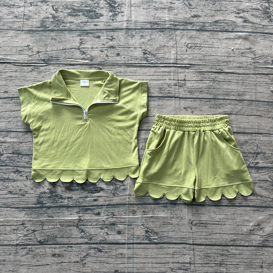 3.19 GSSO3375 Sample No Moq Baby Girls Summer Fashion Short Sleeve Green Zipper Scallop Pullover Top Pockets Short Checked Set