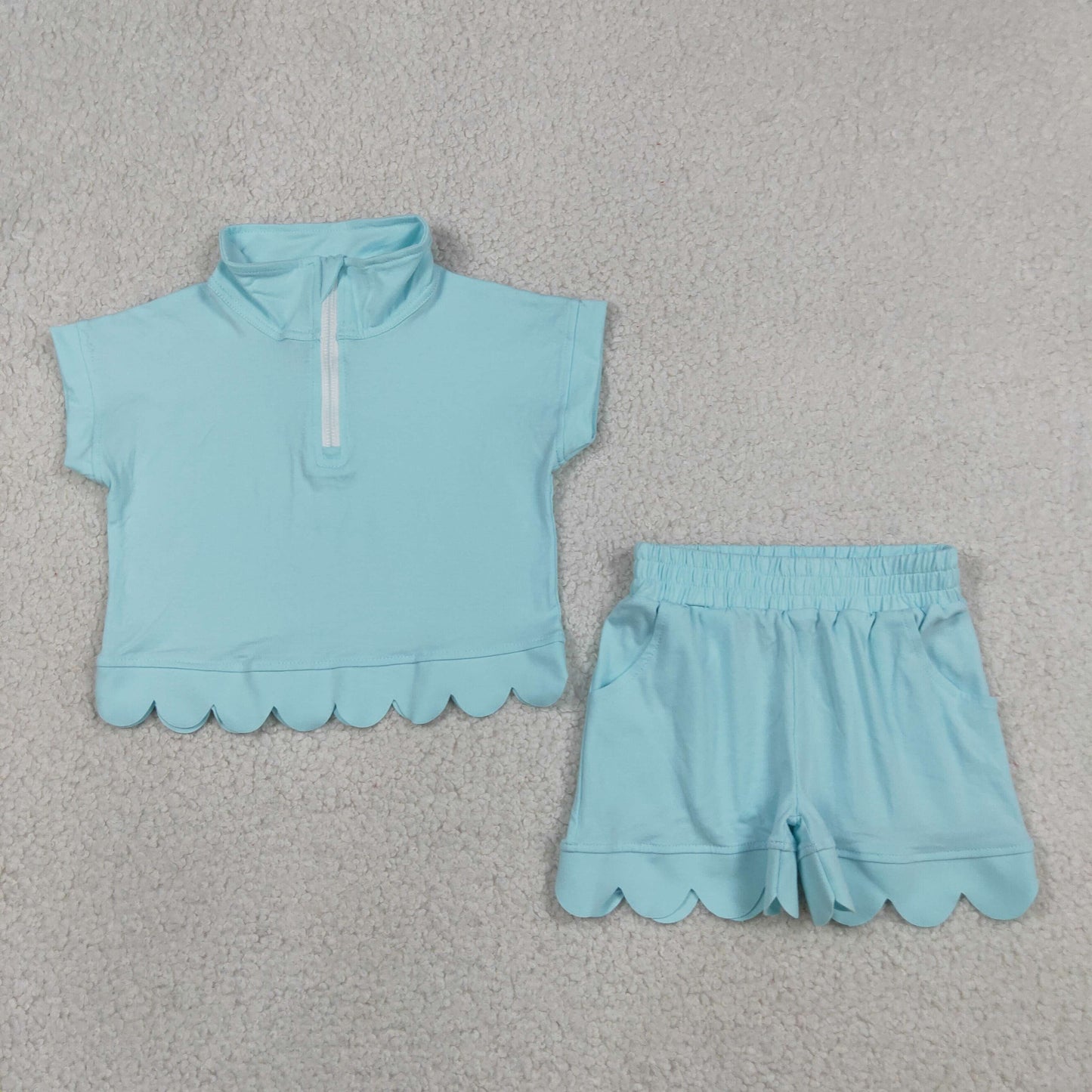 GSSO3376 RTS NO MOQ （In stock ）Aqua short sleeves scallop pullover shorts girls outfits