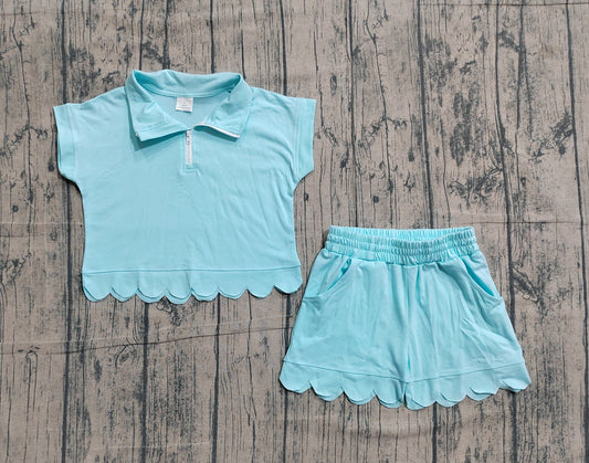 3.21 GSSO3376 Sample No Moq Baby Girls Summer Fashion Short Sleeve Blue Zipper Scallop Pullover Top Pockets Short Checked Set