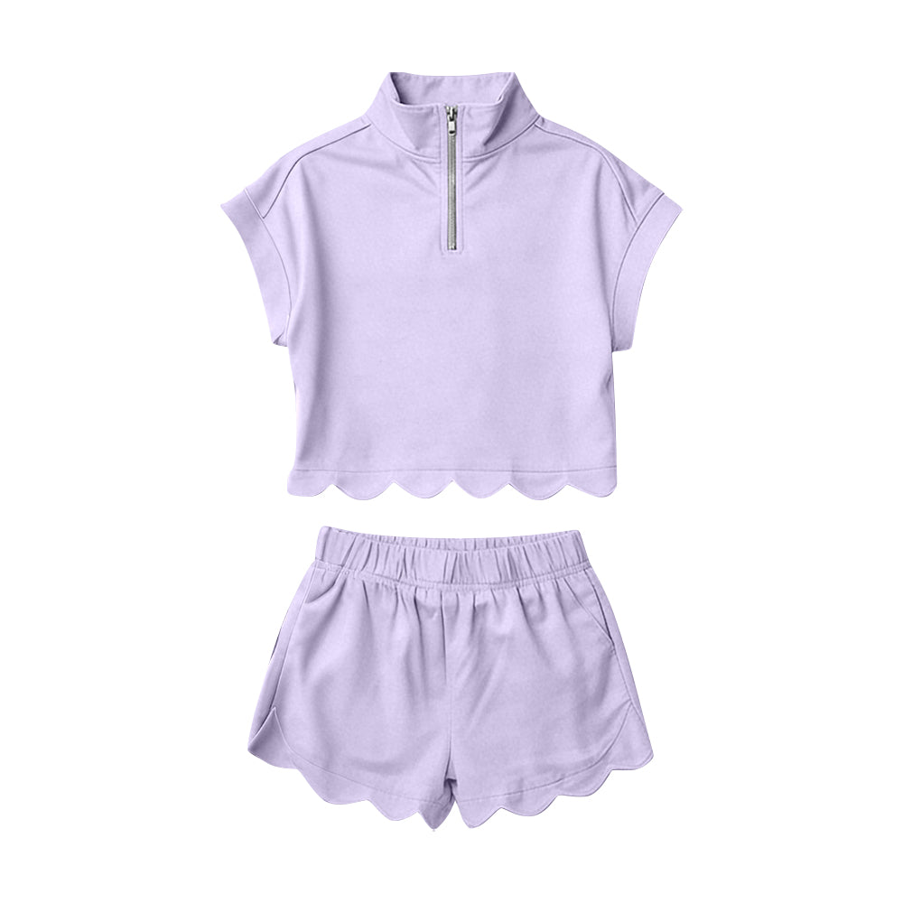 2.7 GSSO3377 Pre order No Moq Baby Girls Lavender Zipper Scallop Pullover Top Pockets Short Checked Set