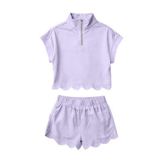 2.7 GSSO3377 Pre order No Moq Baby Girls Lavender Zipper Scallop Pullover Top Pockets Short Checked Set
