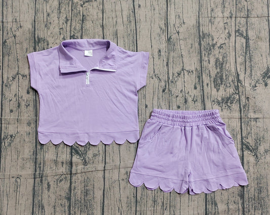 3.21 GSSO3377 Sample No Moq Baby Girls Summer Fashion Short Sleeve Lavender Zipper Scallop Pullover Top Pockets Short Checked Set
