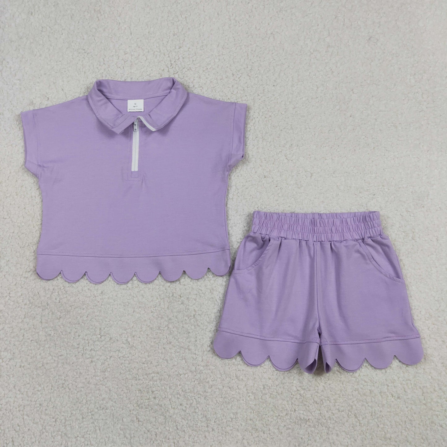 GSSO3377 RTS NO MOQ （In stock）Baby Girls Summer Fashion Short Sleeve Lavender Zipper Scallop Pullover Top Pockets Short Checked Set