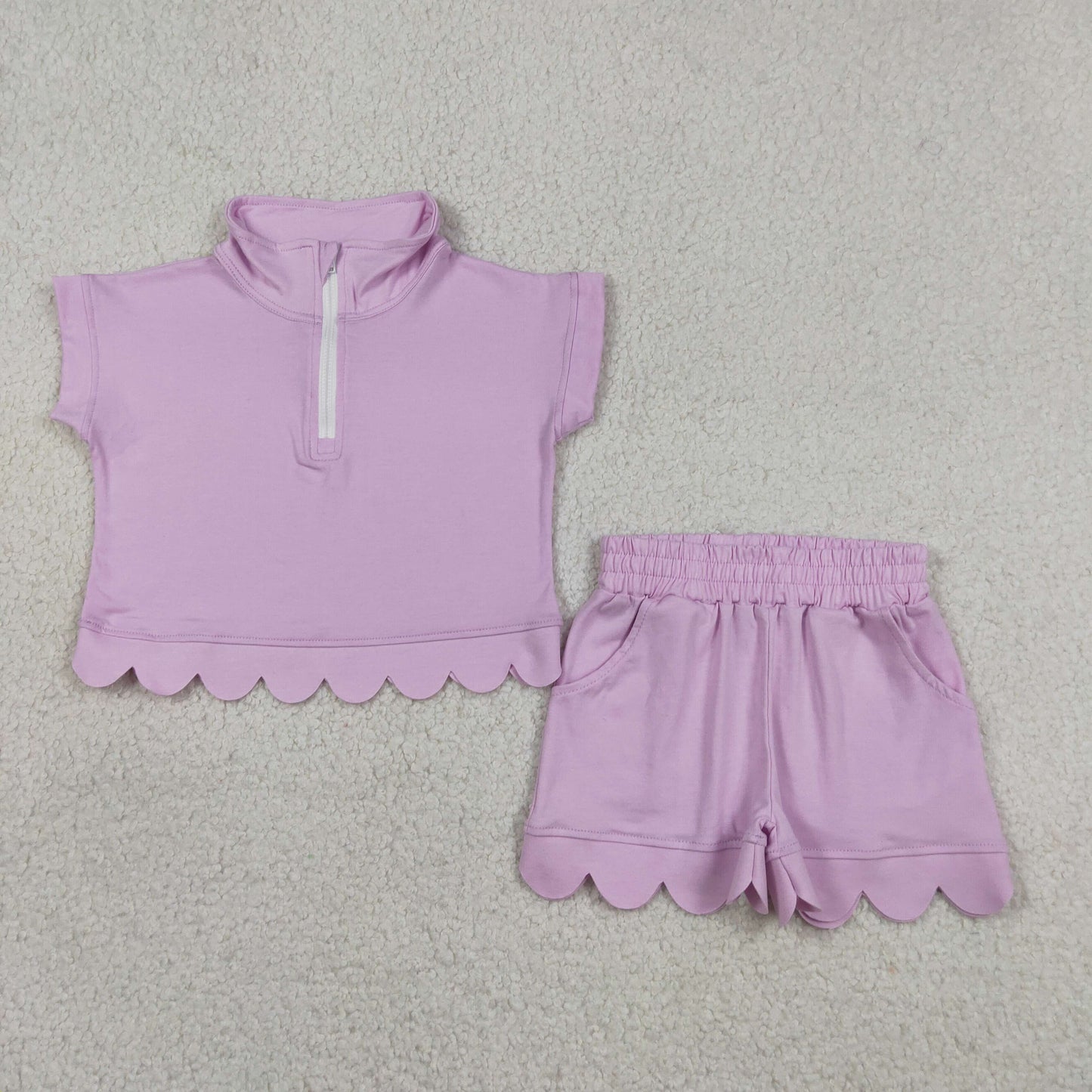 GSSO3378  RTS NO MOQ （In stock Baby Girls Summer Fashion Short Sleeve Purple Zipper Scallop Pullover Top Pockets Short Checked Set