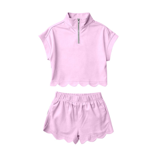 2.7 GSSO3378 Pre order No Moq Baby Girls Pink Zipper Scallop Pullover Top Pockets Short Checked Set