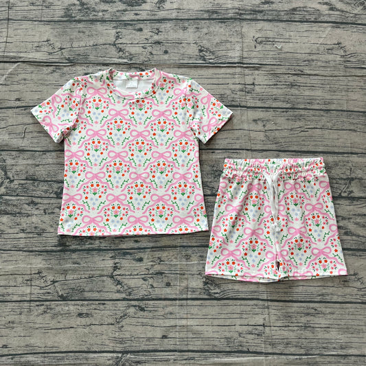 3.16 GSSO3379 Sample No Moq Baby Girls Summer Fashion Short Sleeve Pink Bows Flowers Top Shorts Clothes Set