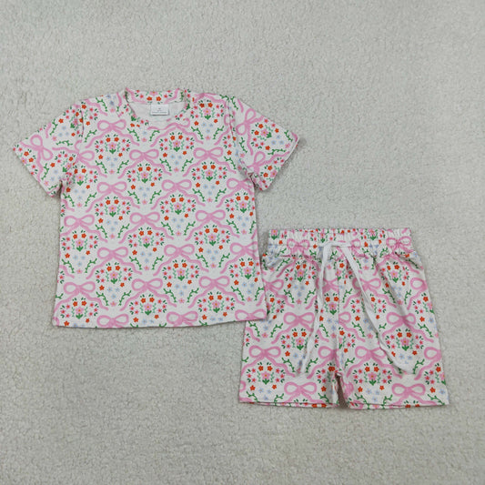 3.28 RTS NO MOQ （In stock）GSSO3379 Short sleeves floral bot top shorts kids girls outfits
