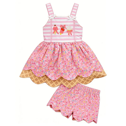 2.7 GSSO3382 Pre order No Moq Baby Girls Ice Creams Sprinkles Drip Tunic Scallop Shorts Clothes Set