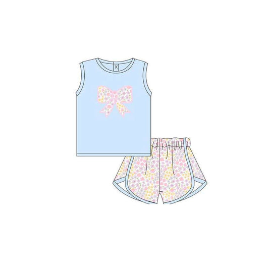 2.7 GSSO3383 Pre order No Moq Baby Girls Light Blue Sleeveless Flower Bows Top Shorts Clothes Set