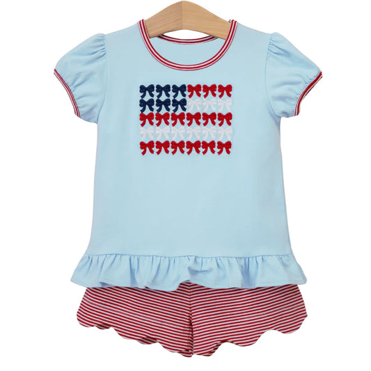 2.7 GSSO3384 Pre order No Moq Baby Girls Short Sleeve Flag Bows Top Stripe Ruffle Shorts 4th of July Clothes Set