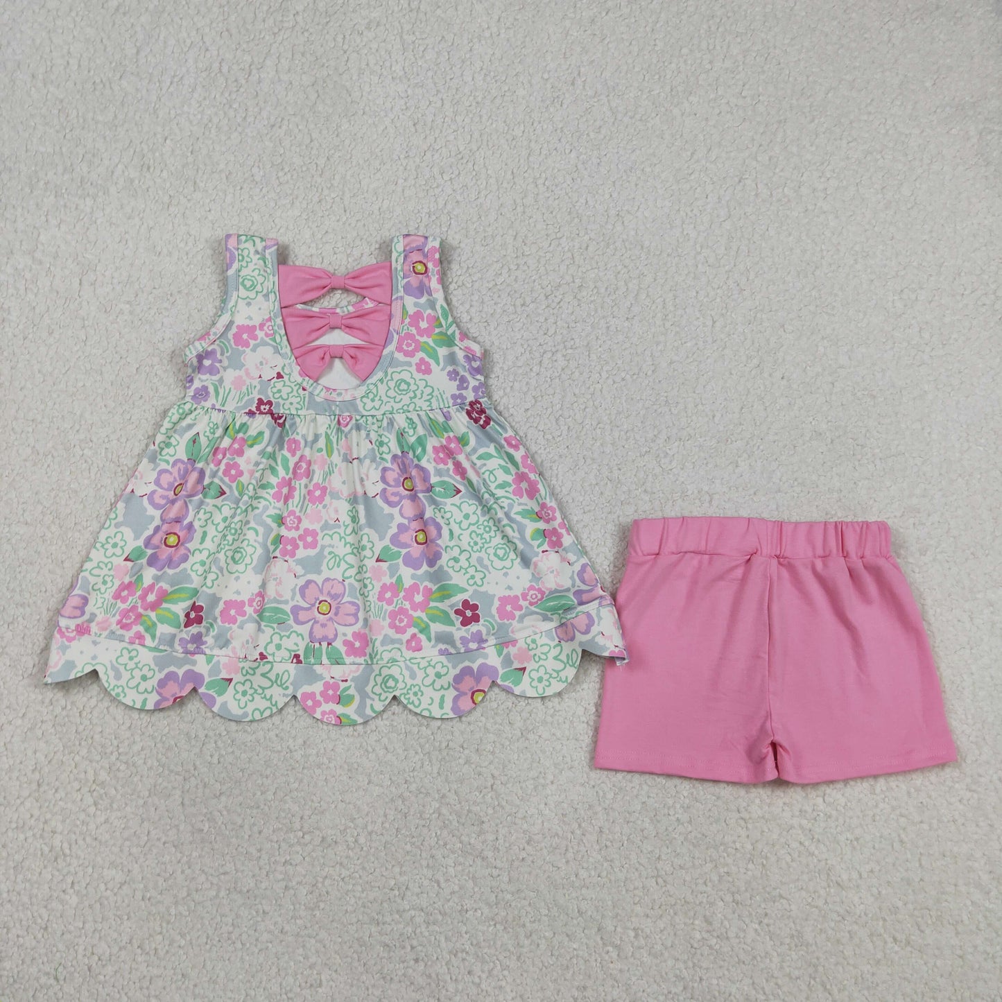 GSSO3385 RTS NO MOQ （In stock ）Sleeveless floral scallop tunic pink shorts girls outfits