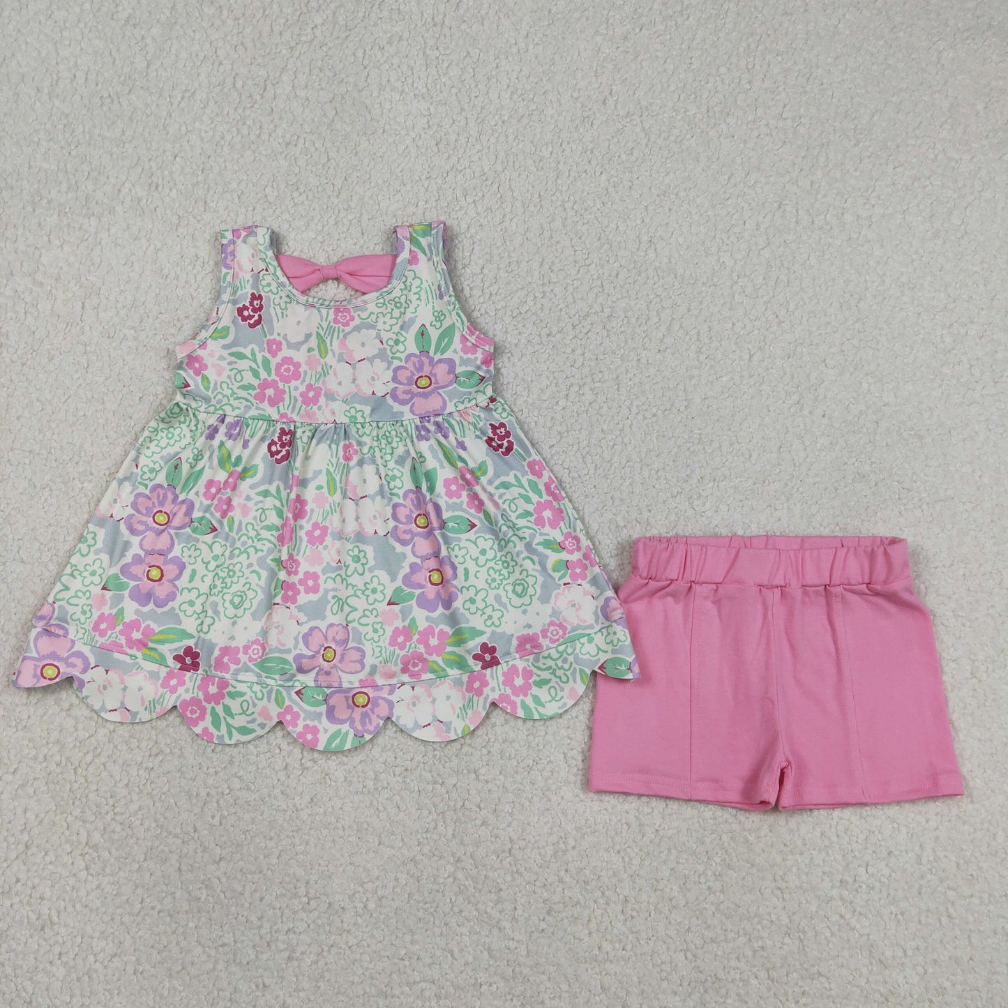 GSSO3385 RTS NO MOQ （In stock ）Sleeveless floral scallop tunic pink shorts girls outfits