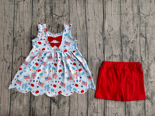 3.17 GSSO3386 Sample No Moq Baby Girls Summer Fashion Sleeveless Red Popsicle Flags Tunic Shorts 4th of July Clothes Set