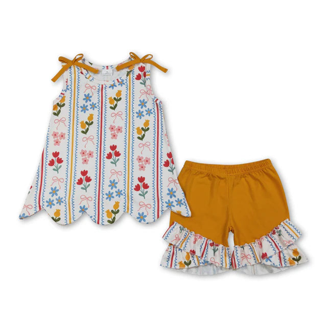 RTS Sibling Sibling Baby Girls Colorful Flowers Scallop Tunic Ruffle Short Clothes Sets