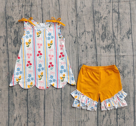 3.9 GSSO3388 Sample No Moq Baby Girls Sleeveless Bows Flowers Stripe Tunic Ruffle Shorts Clothes Set