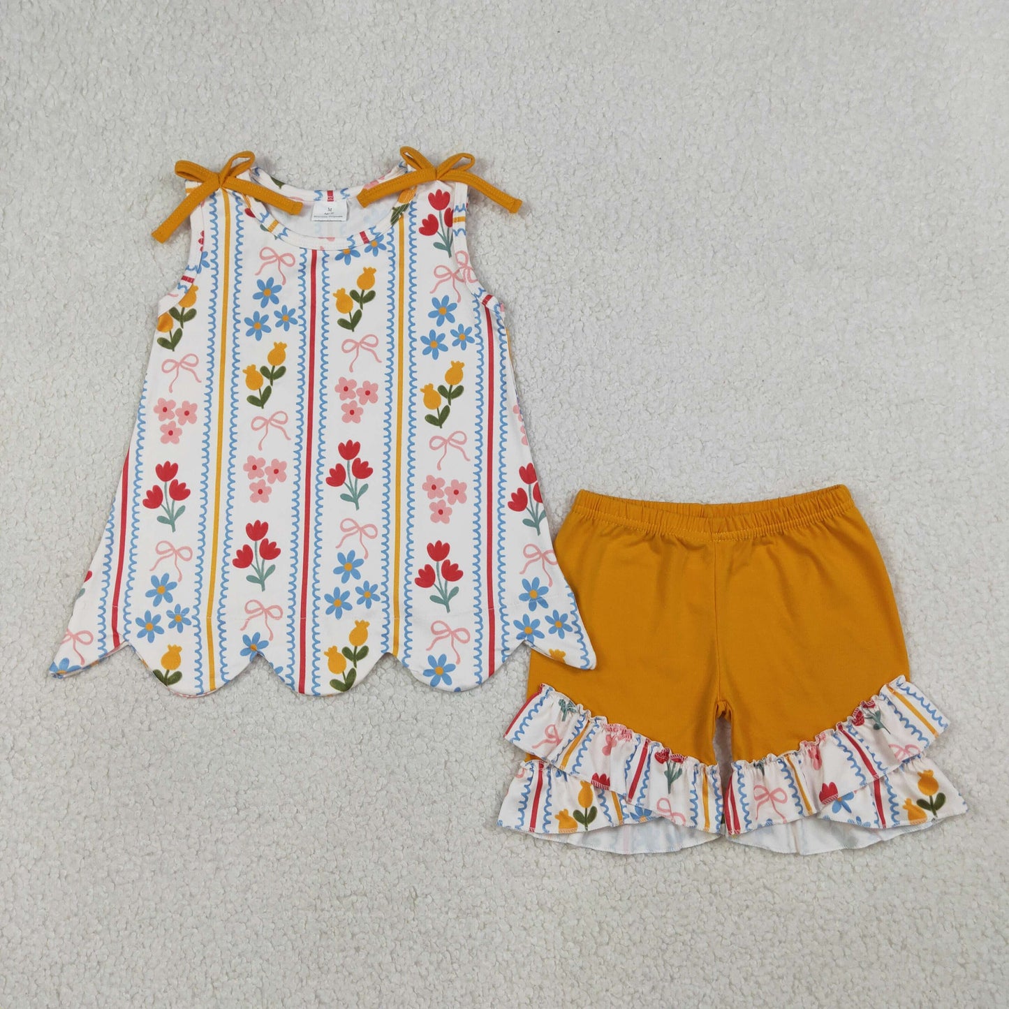 3.19 RTS NO MOQ （In stock）GSSO3388 Kids Clothing for Baby Girls Strap Bows Flowers Stripe Scallop Tunic Ruffle Shorts Clothes Set