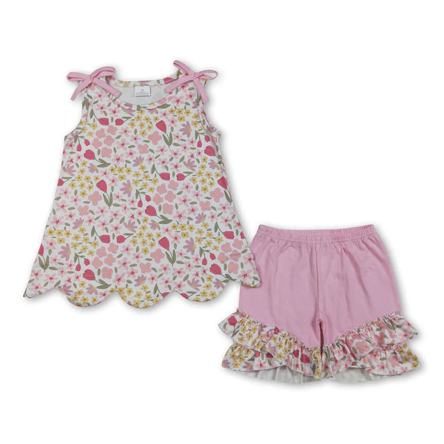 RTS Sibling Sleeveless floral scallop top pink shorts girls outfits